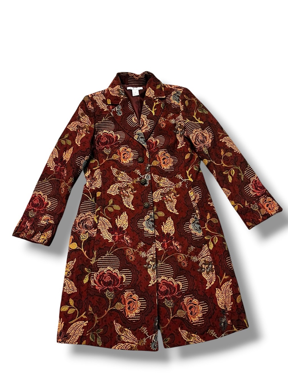 CABI Jacobean Tapestry Coat SZ 10 Floral Brocade Burgundy Pockets Boho Festival